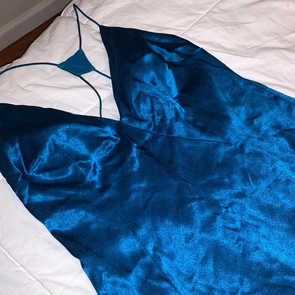 Beautiful Blue satin evening gown/dress long with slit SIZE 12